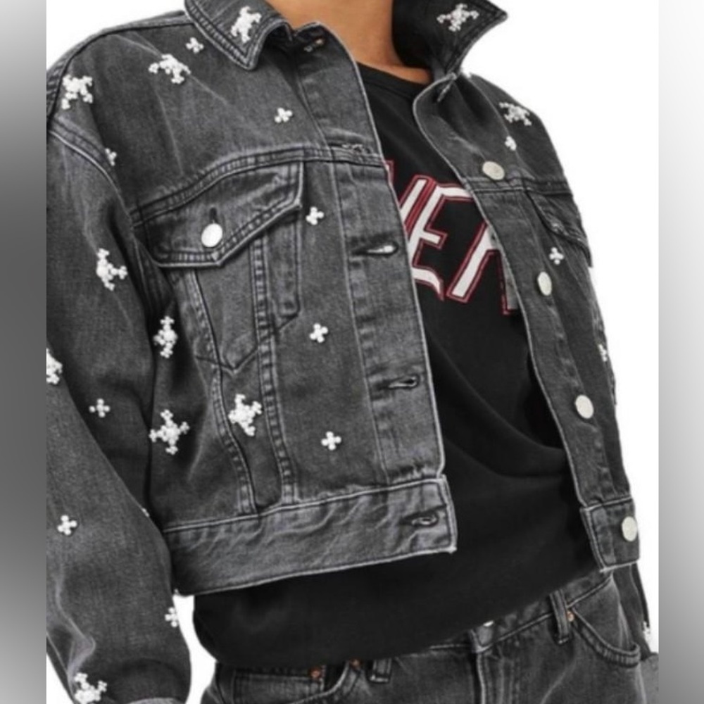 Topshop Moto Embellished Pearl Crop Gray Black Denim Jacket Pearls Cropped Grey